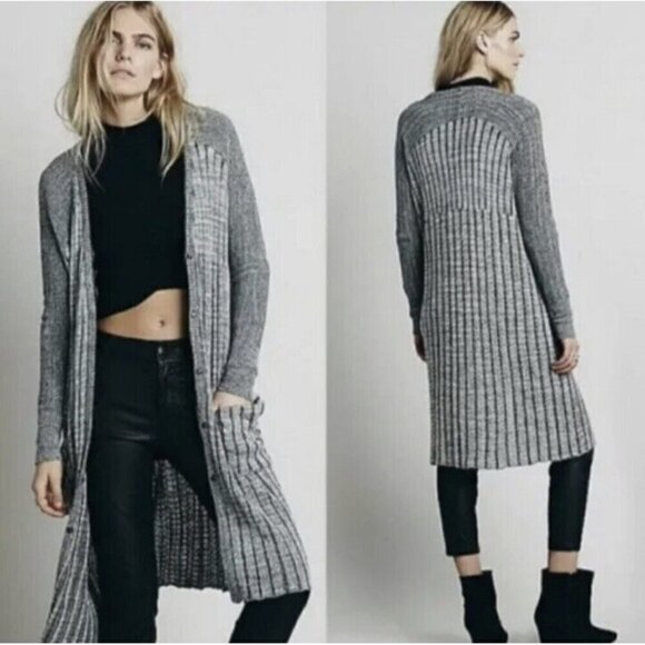 Free People Womans Sz XS Gray Ribbed Shadow Stripe Long Duster Cardigan Sweater - Picture 1 of 6
